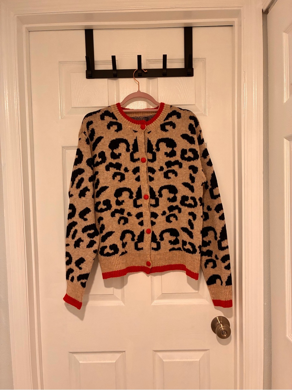 Beige Leopard Print Button-Up Sweater with Red Trim